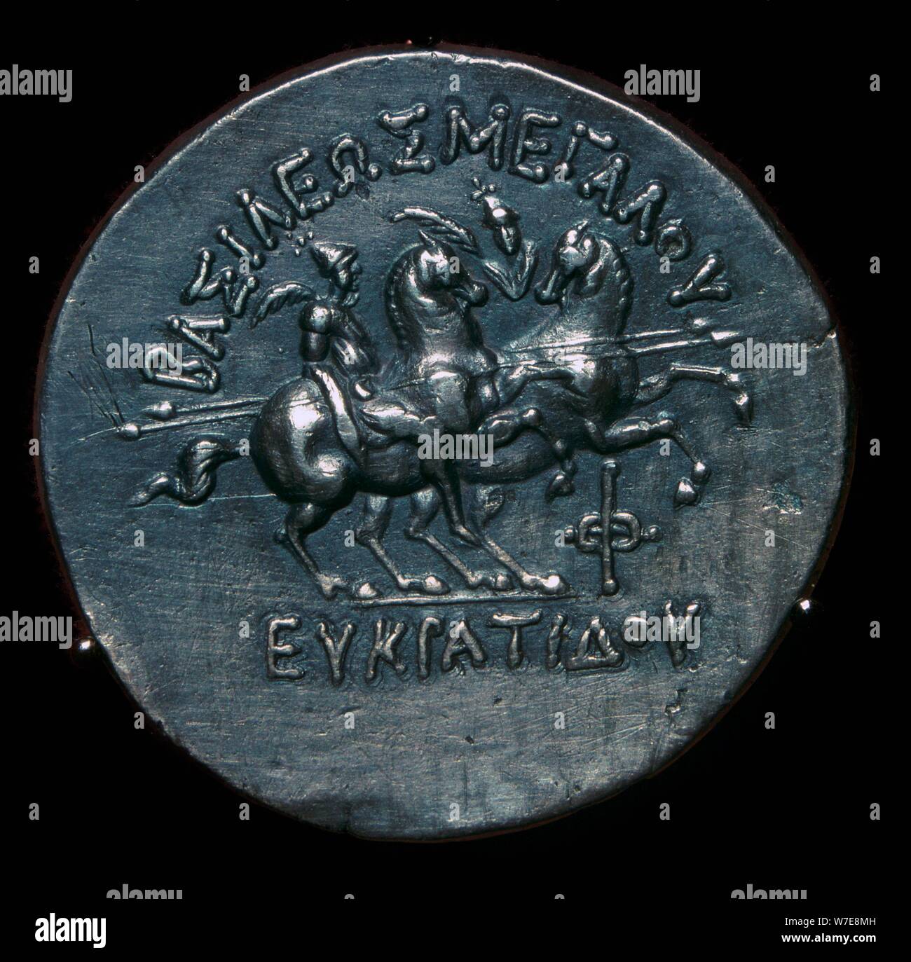 Silver coin of Eucratides I, a King of Bactria. Artist: Unknown Stock Photo