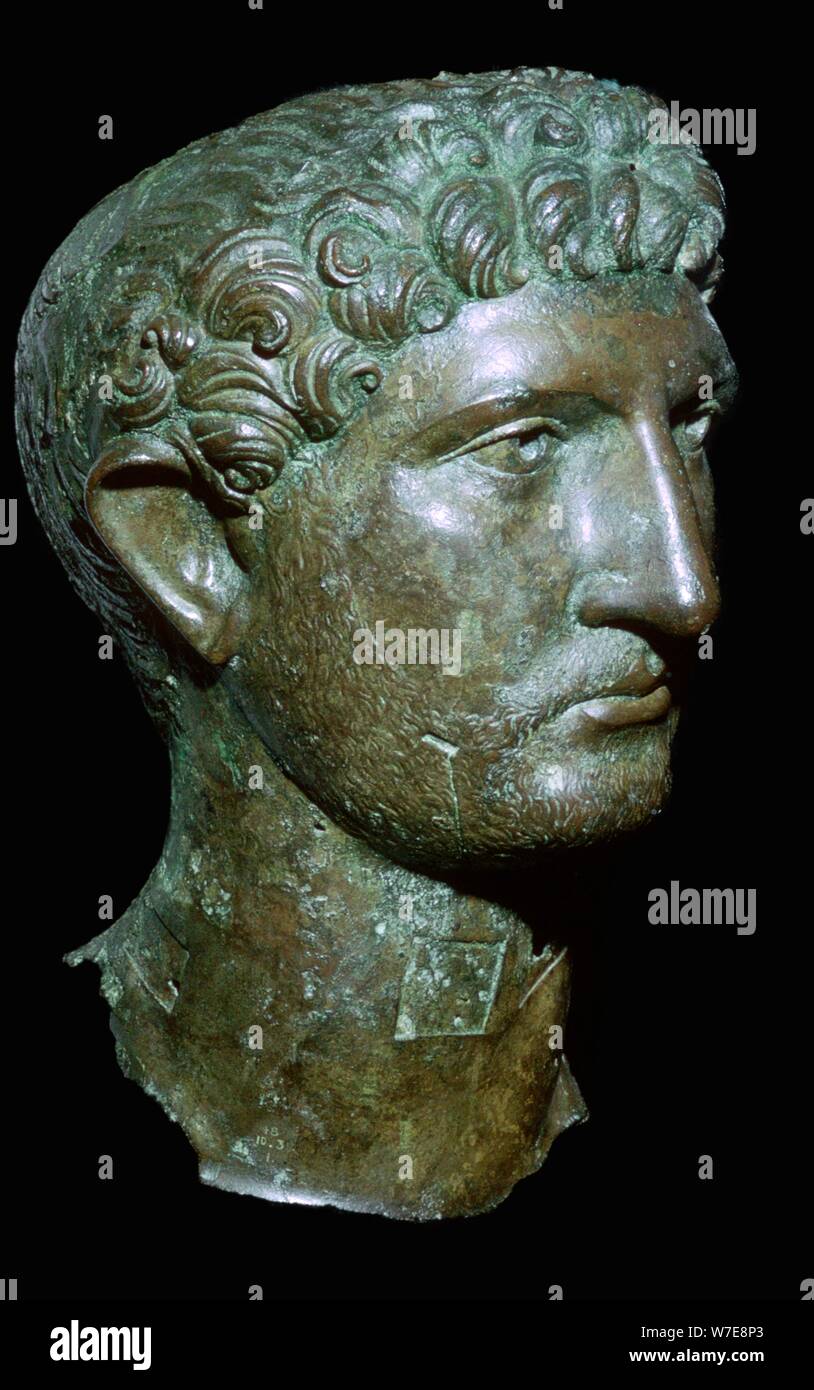 Bronze head from a statue of the Roman Emperor Hadrian, Roman Britain, 2nd century. Artist: Unknown Stock Photo