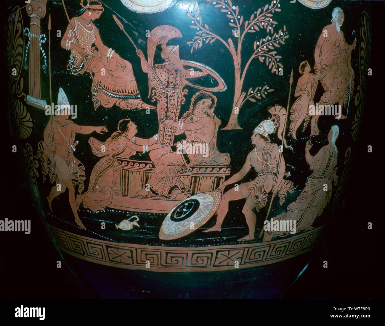 Greek red-figured volute krater with scene from the sack of Troy, 4th century BC. Artist: Illupersis Painter Stock Photo