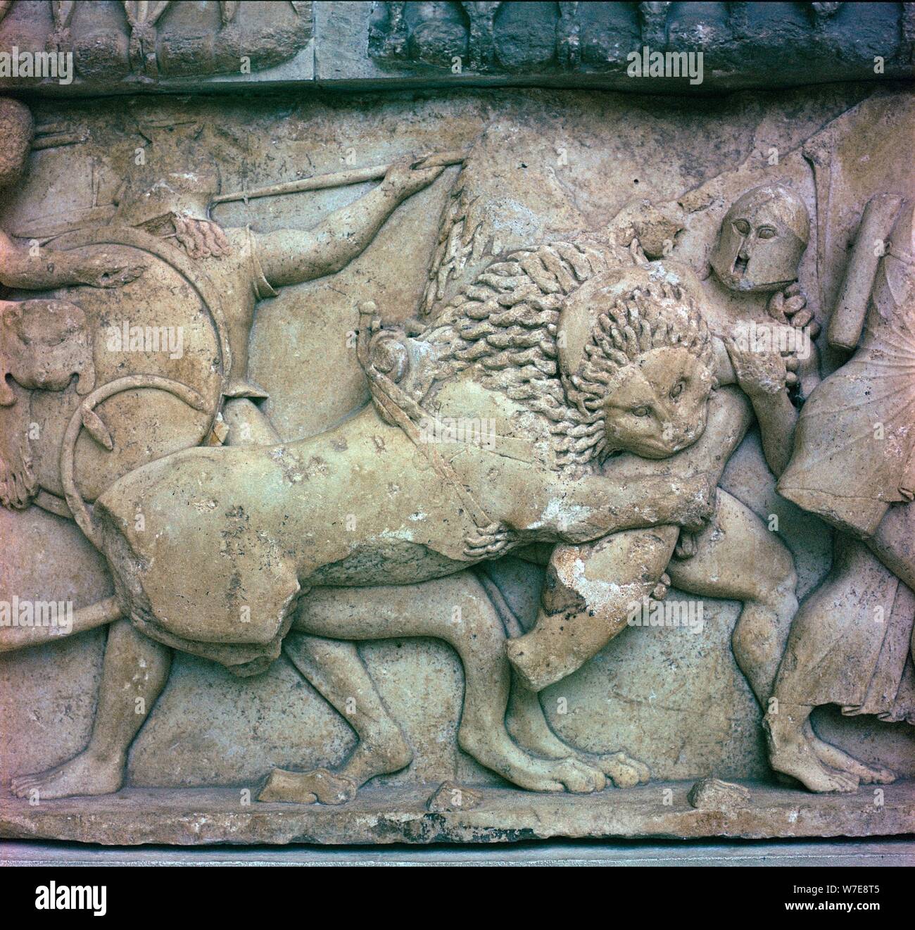 Scene from the Gigantomachy on the north frieze of the Siphnian Treasury, 6th century BC. Artist: Unknown Stock Photo