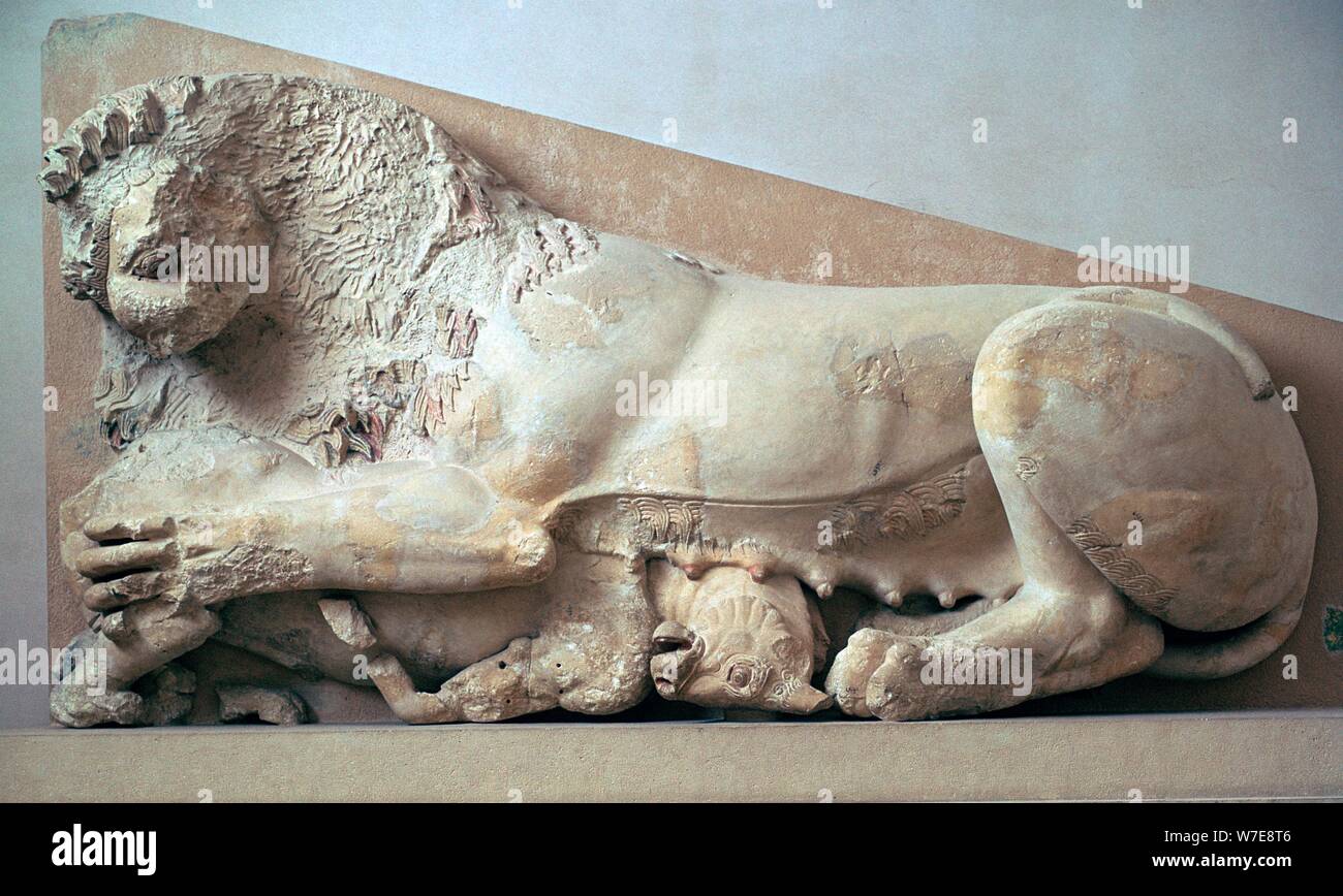Sculpture of a lioness devouring a bull, 6th century BC. Artist: Unknown Stock Photo