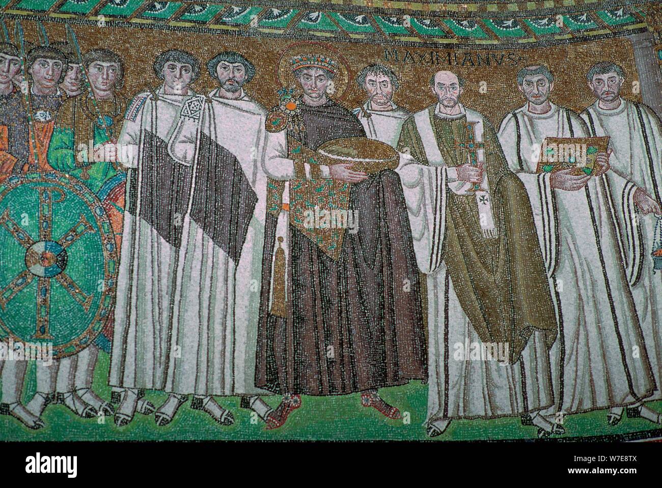 Mosaic of the Byzantine Emperor Justinian I and his court, 6th century. Artist: Unknown Stock Photo