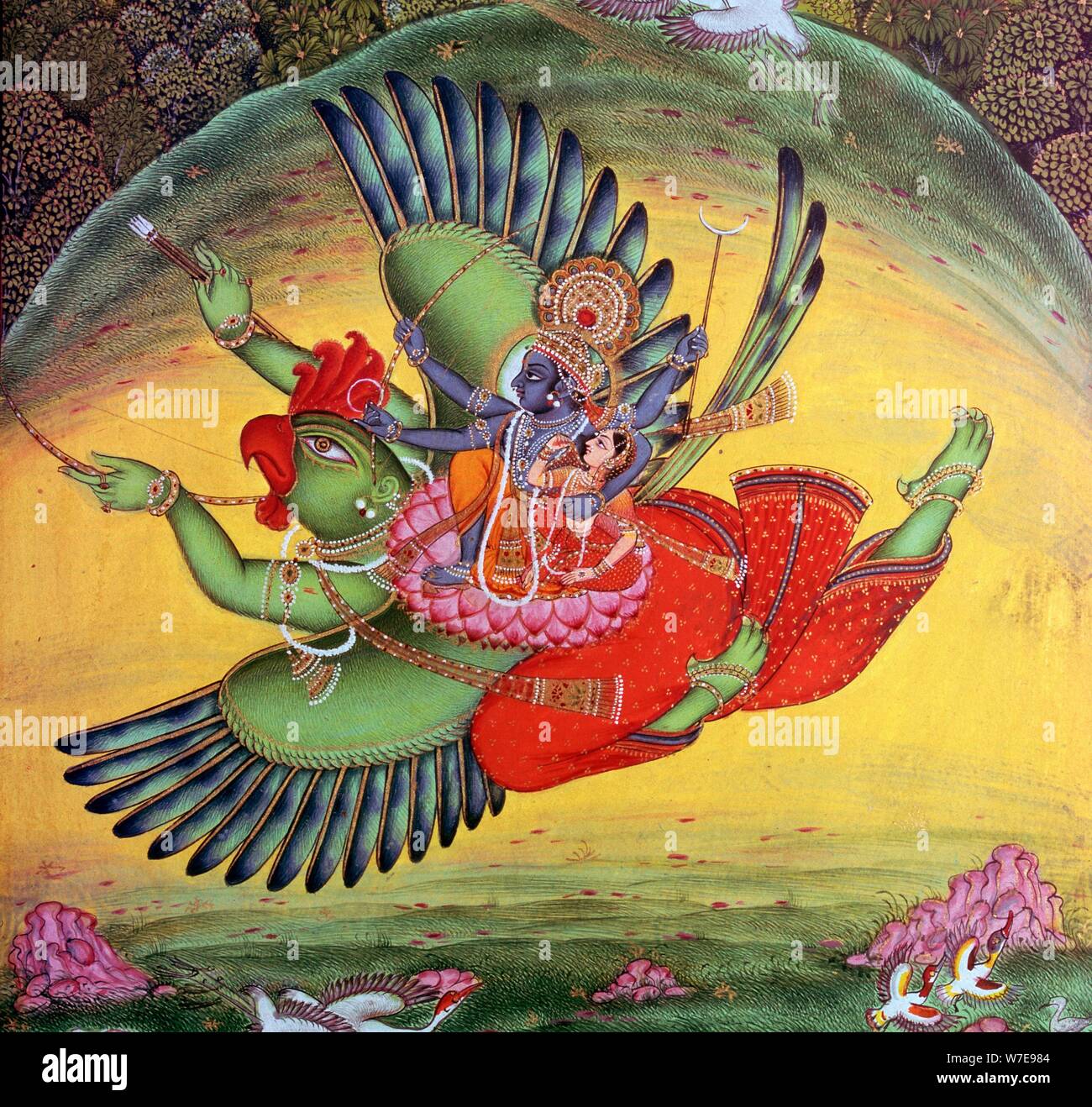 Painting of Vishnu and his consort Lakshmi riding on the bird-god ...