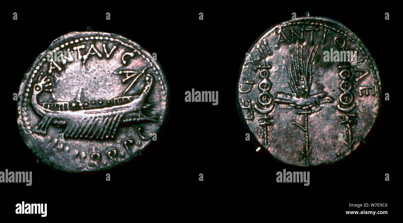 Silver Denarii of the Roman politician Mark Antony, 1st century BC. Artist: Unknown Stock Photo
