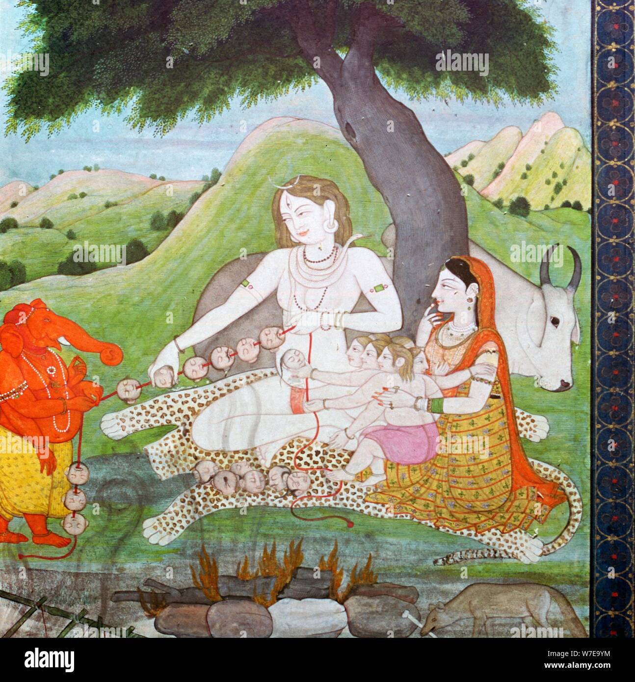 Holy family at the Burning Ground, showing Siva, Parvati, and Ghanesh, 19th century. Artist: Unknown Stock Photo