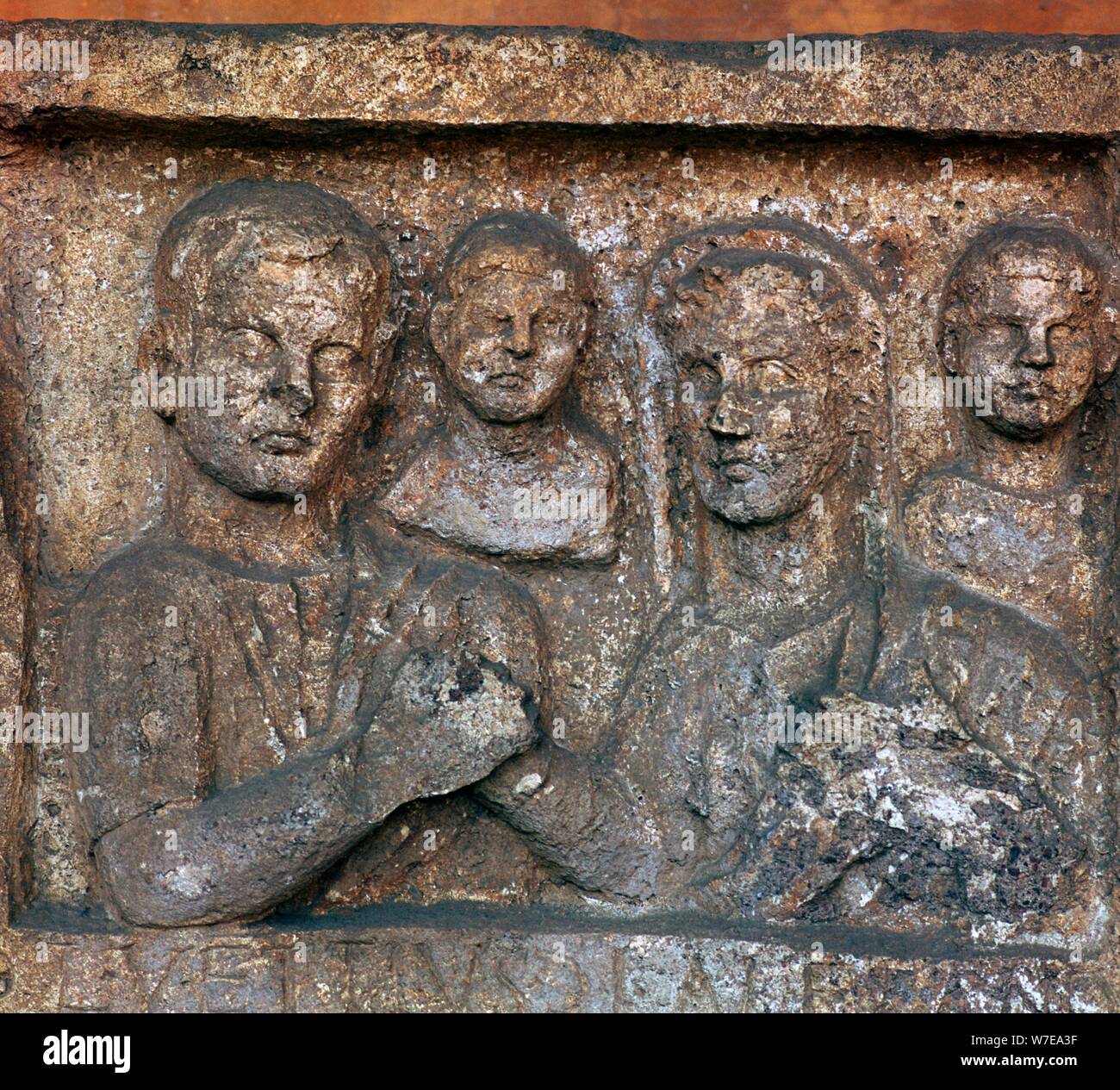 Roman grave-slab showing a family group. Artist: Unknown Stock Photo