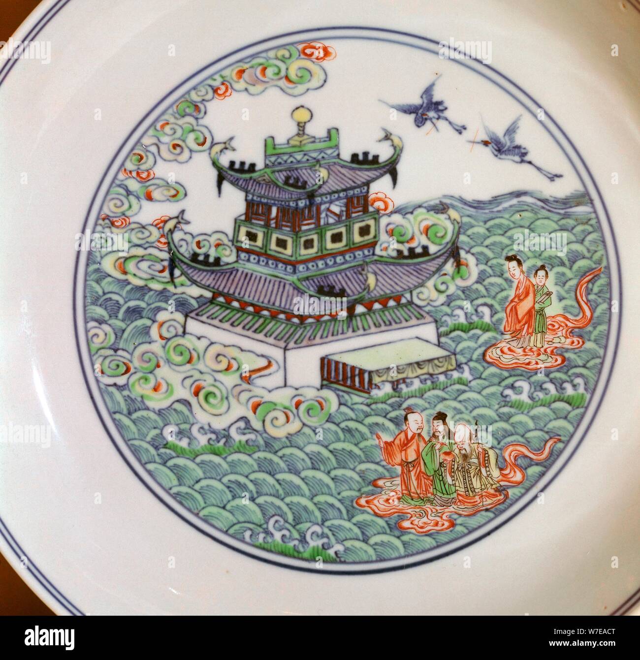 Chinese porcelain dish showing the Taoist triad, 18th century. Artist: Unknown Stock Photo