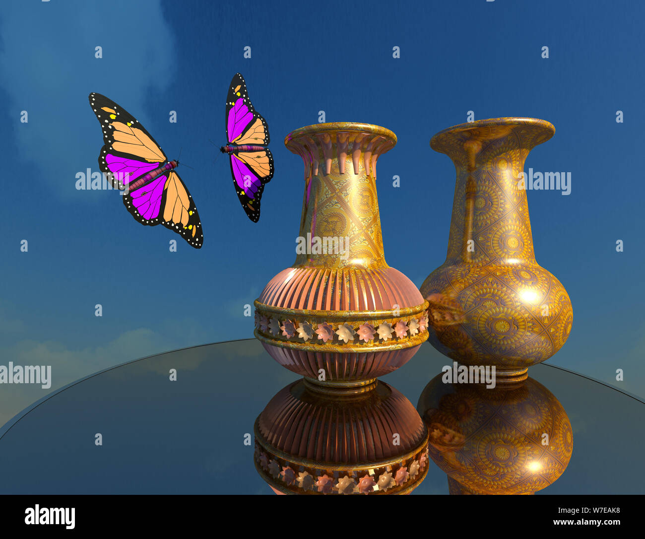 Two Colorful Butterflies And Two Decorative Vases On Mirror