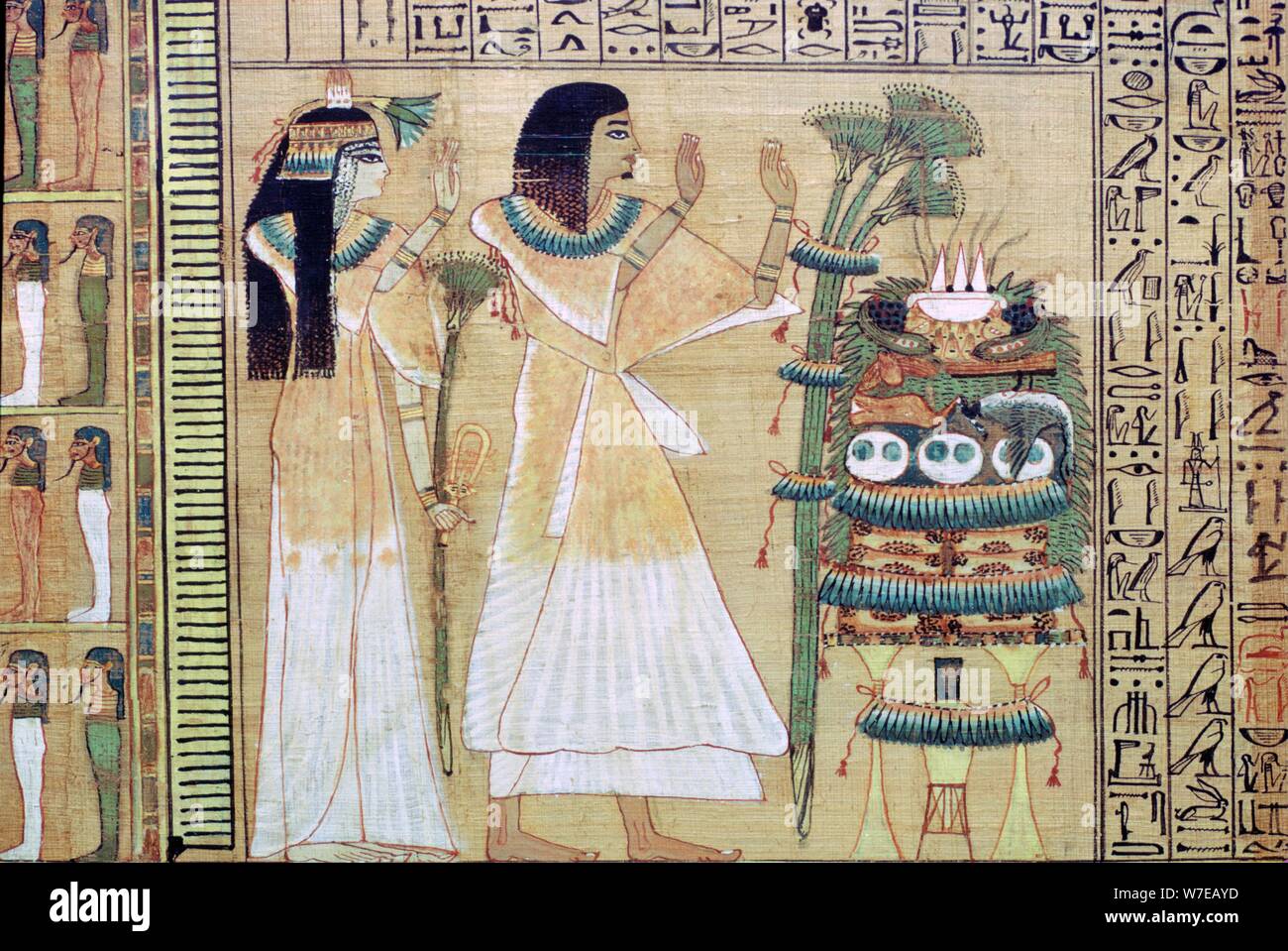 A man and his wife making offerings to Osiris, from the Egyptian Book of the Dead. Artist: Unknown Stock Photo
