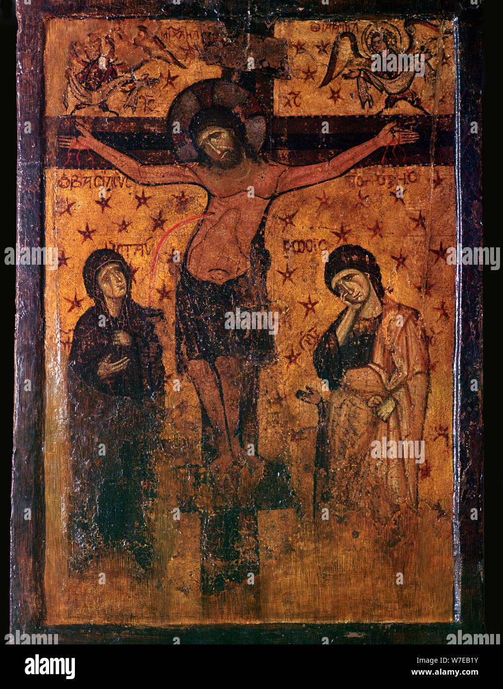 Byzantine icon of the Crucifixion. Artist: Unknown Stock Photo