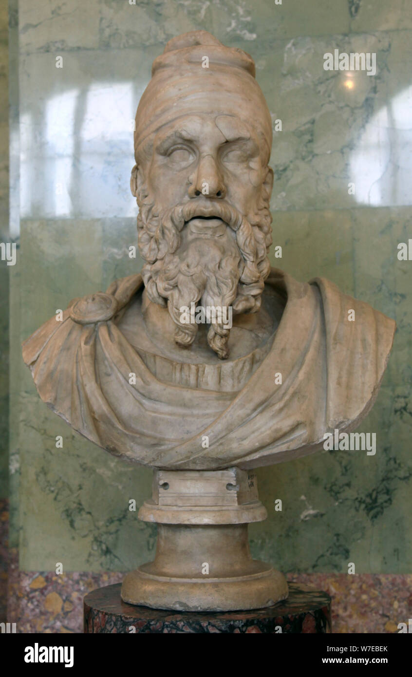 Roman bust of a Dacian tarabostes (nobleman), early 2nd century. Artist: Unknown Stock Photo