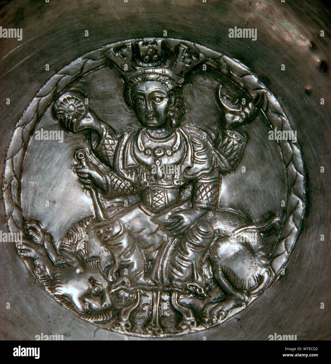 Sassanian dish showing a goddess seated on a lion. Artist: Unknown Stock Photo