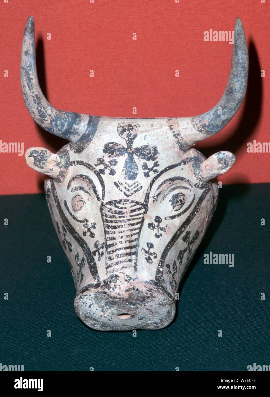 Mycenaean pottery rhyton in the shape of a Bull's Head, 14th century BC. Artist: Unknown Stock Photo