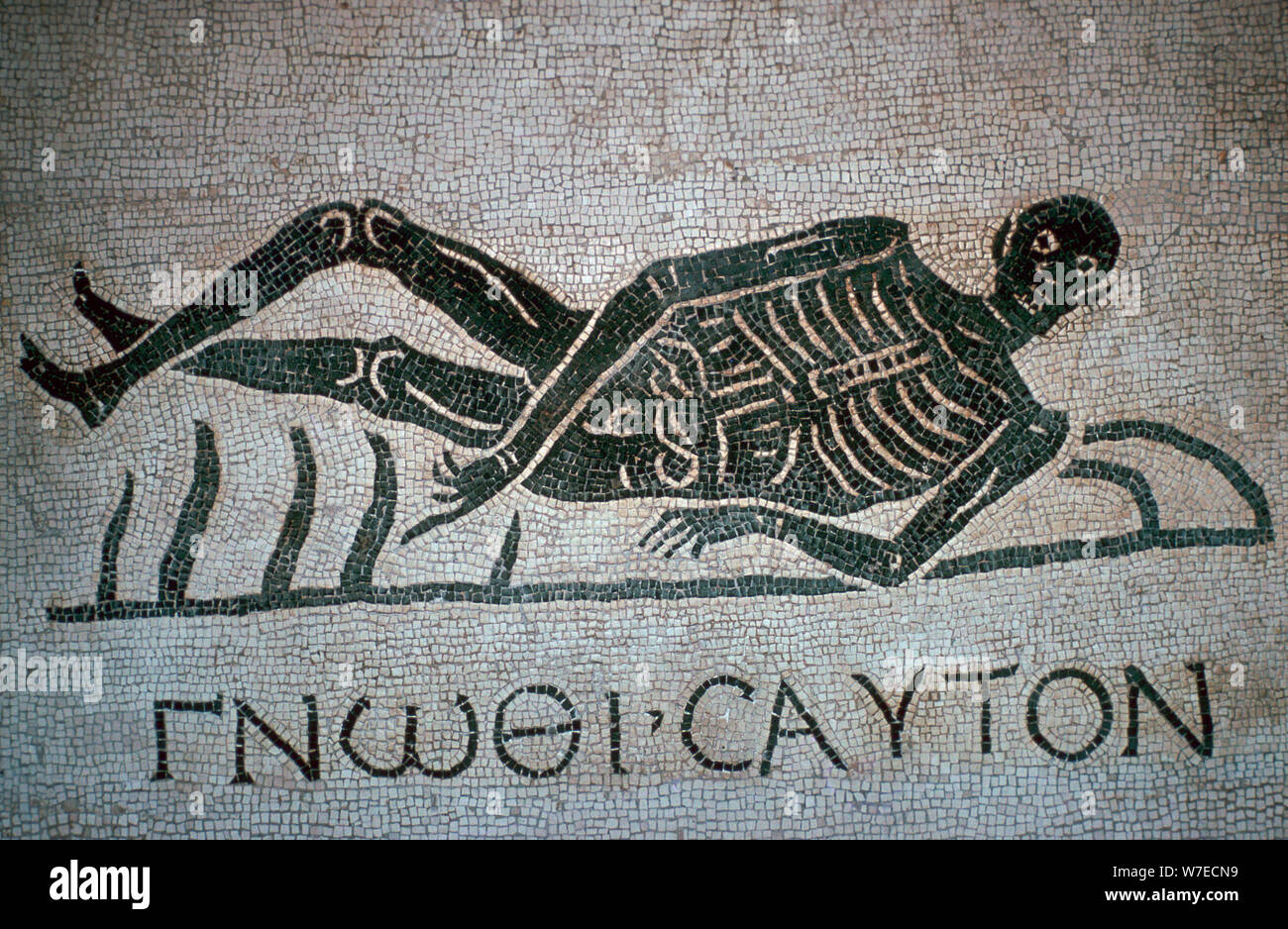 Roman mosaic with the text 'Know Thyself'. Artist: Unknown Stock Photo