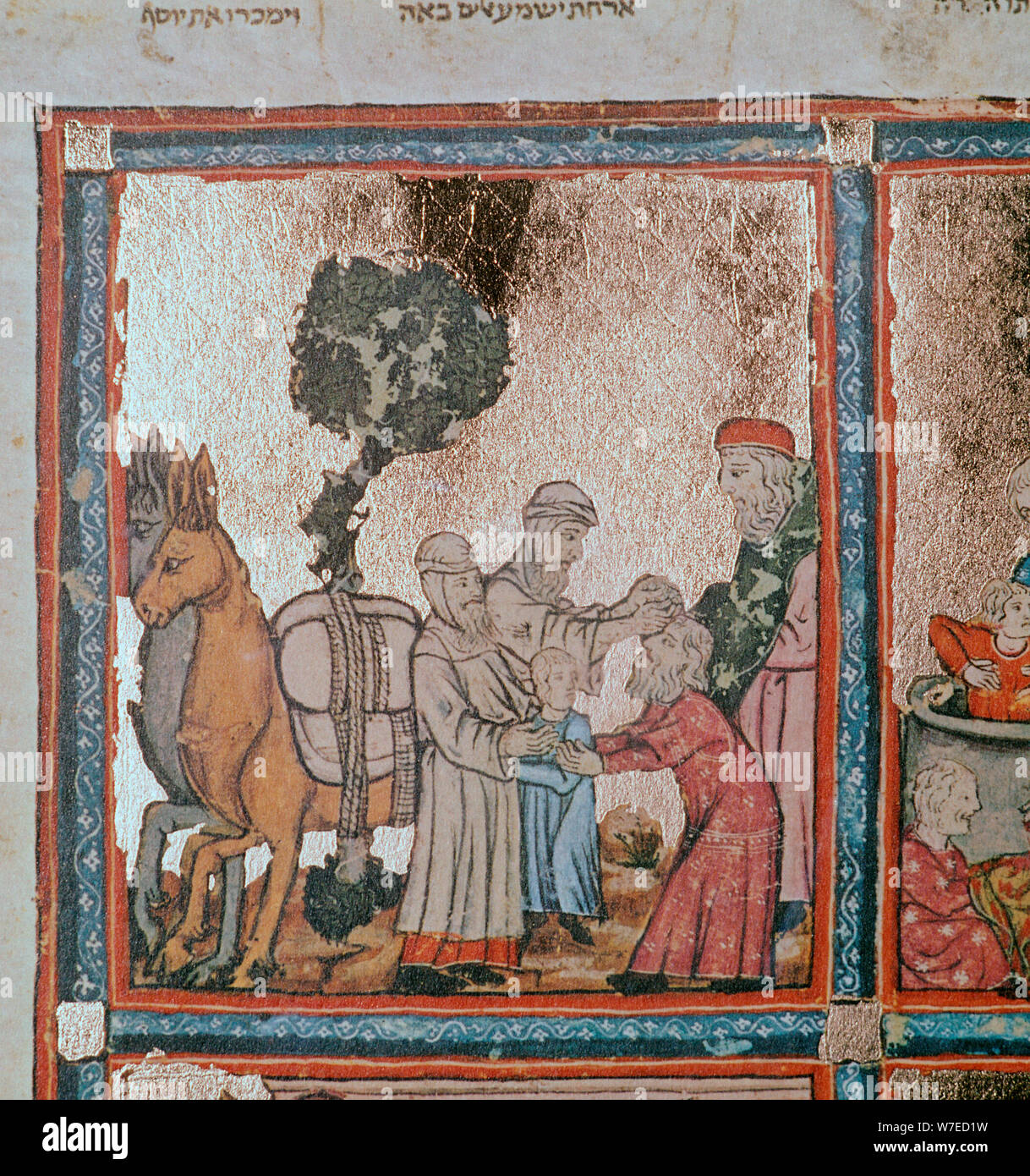 Illustration of Joseph being sold by his brothers, 14th century. Artist: Unknown Stock Photo