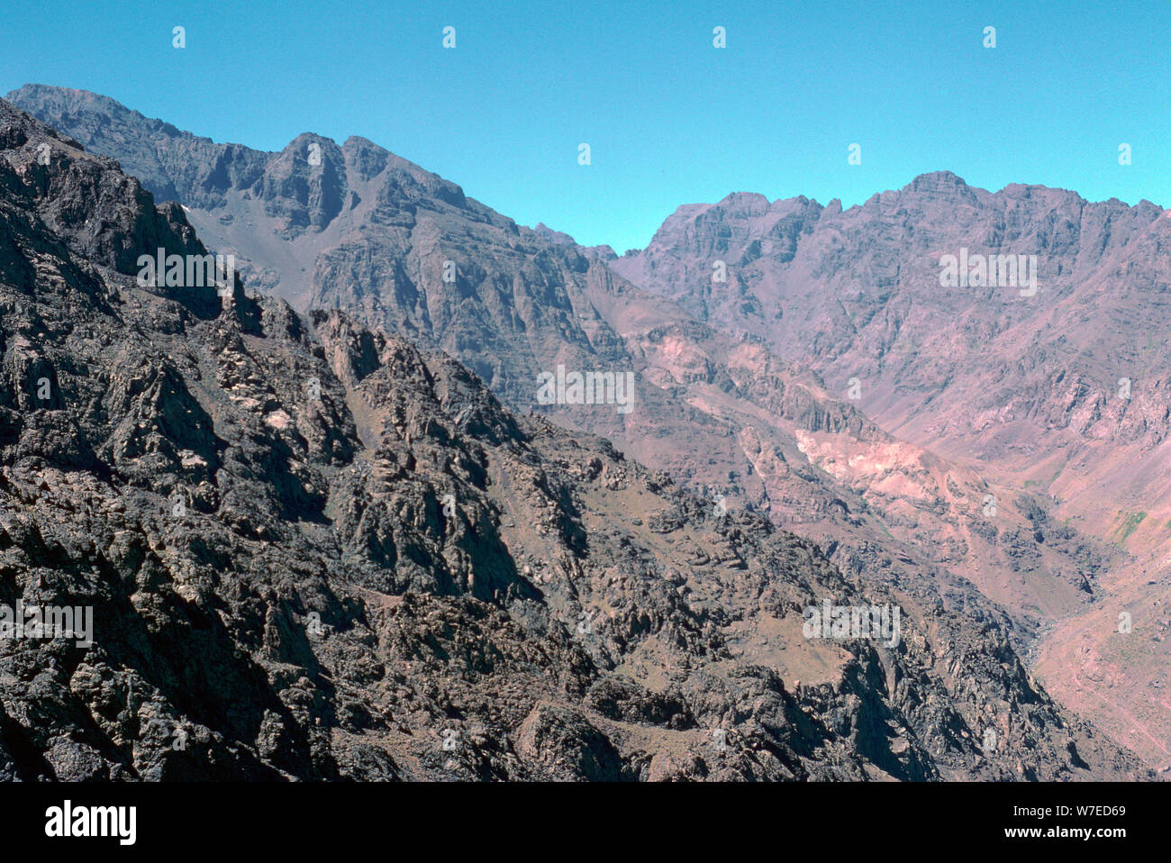 View from the pass descending to Sidi Chamharouch in Morocco. Stock Photo