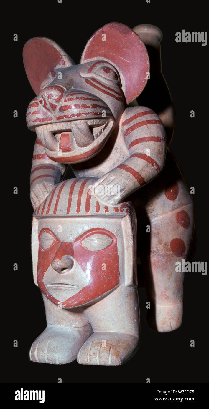 Mochica stirrup-spout vessel of a male figure with a jaguar's head, 3rd century. Artist: Unknown Stock Photo