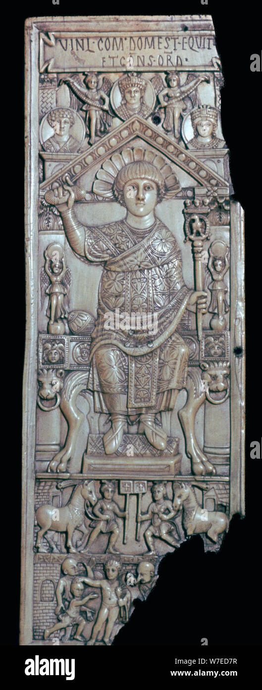 Ivory leaf of a consular diptych of Flavius Anastasius, 6th century. Artist: Unknown Stock Photo