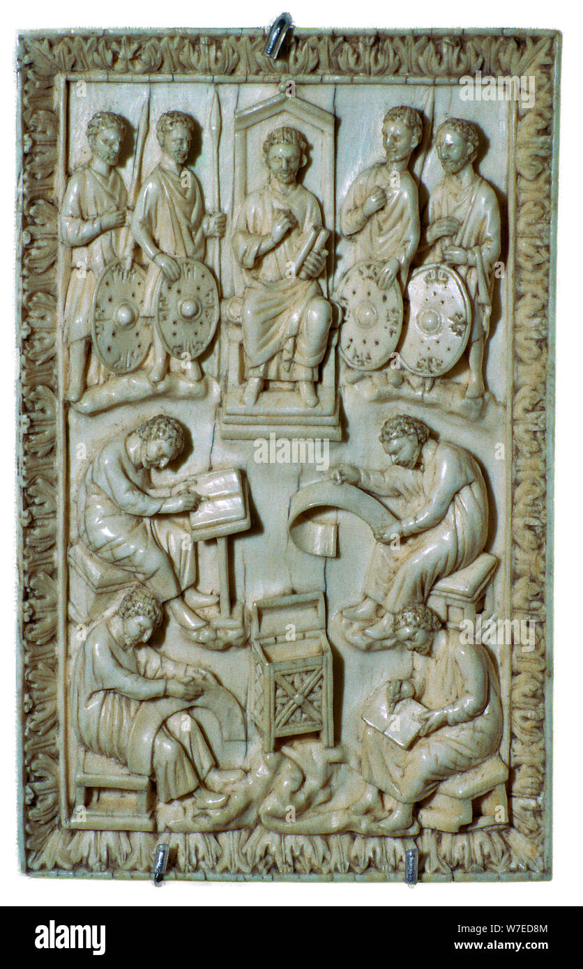 Ivory plaque of a reliquary from the treasure of St Denis, 10th century. Artist: Unknown Stock Photo