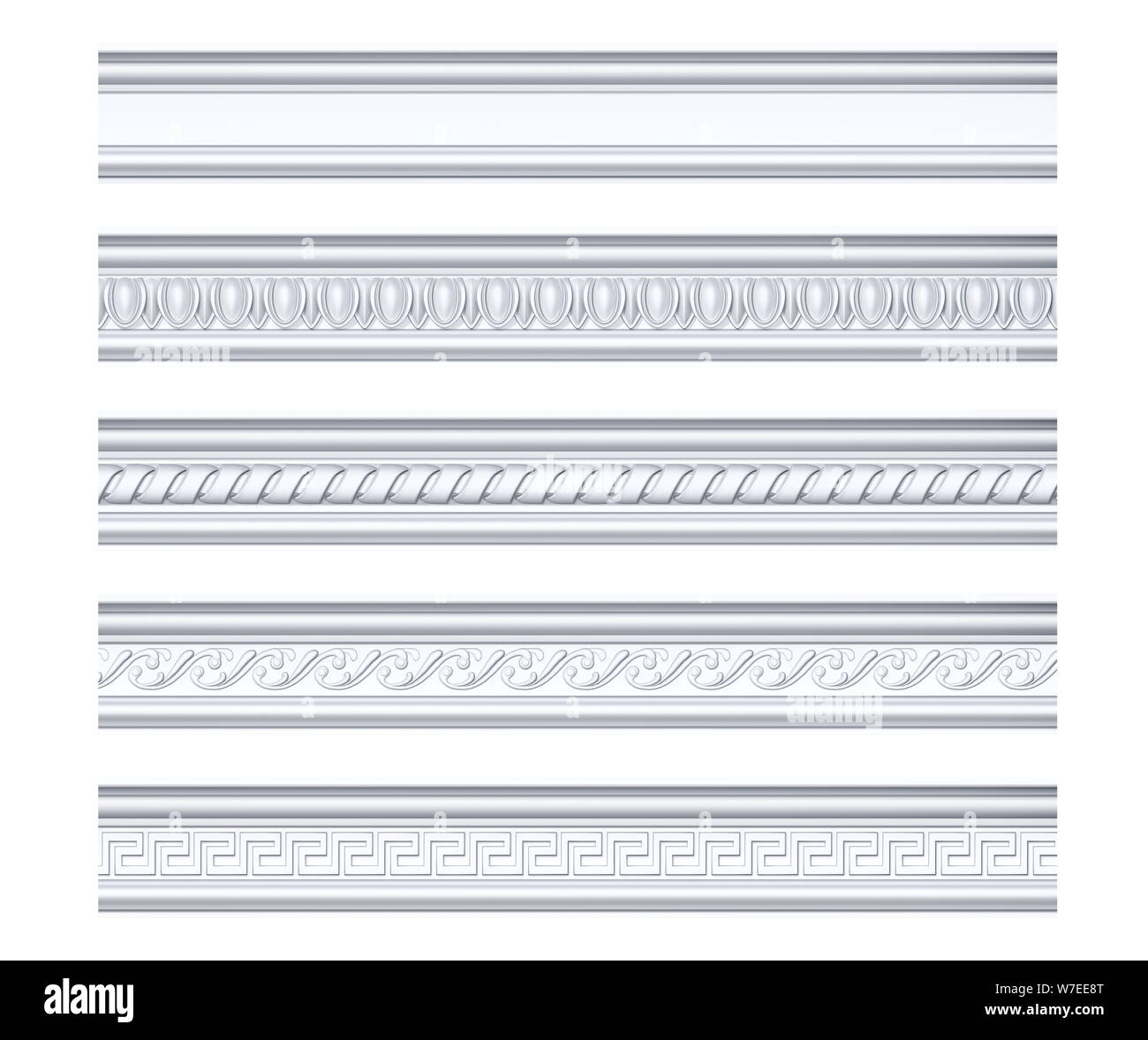 Collection of different classical cornices isolated on white, 3d rendering Stock Photo
