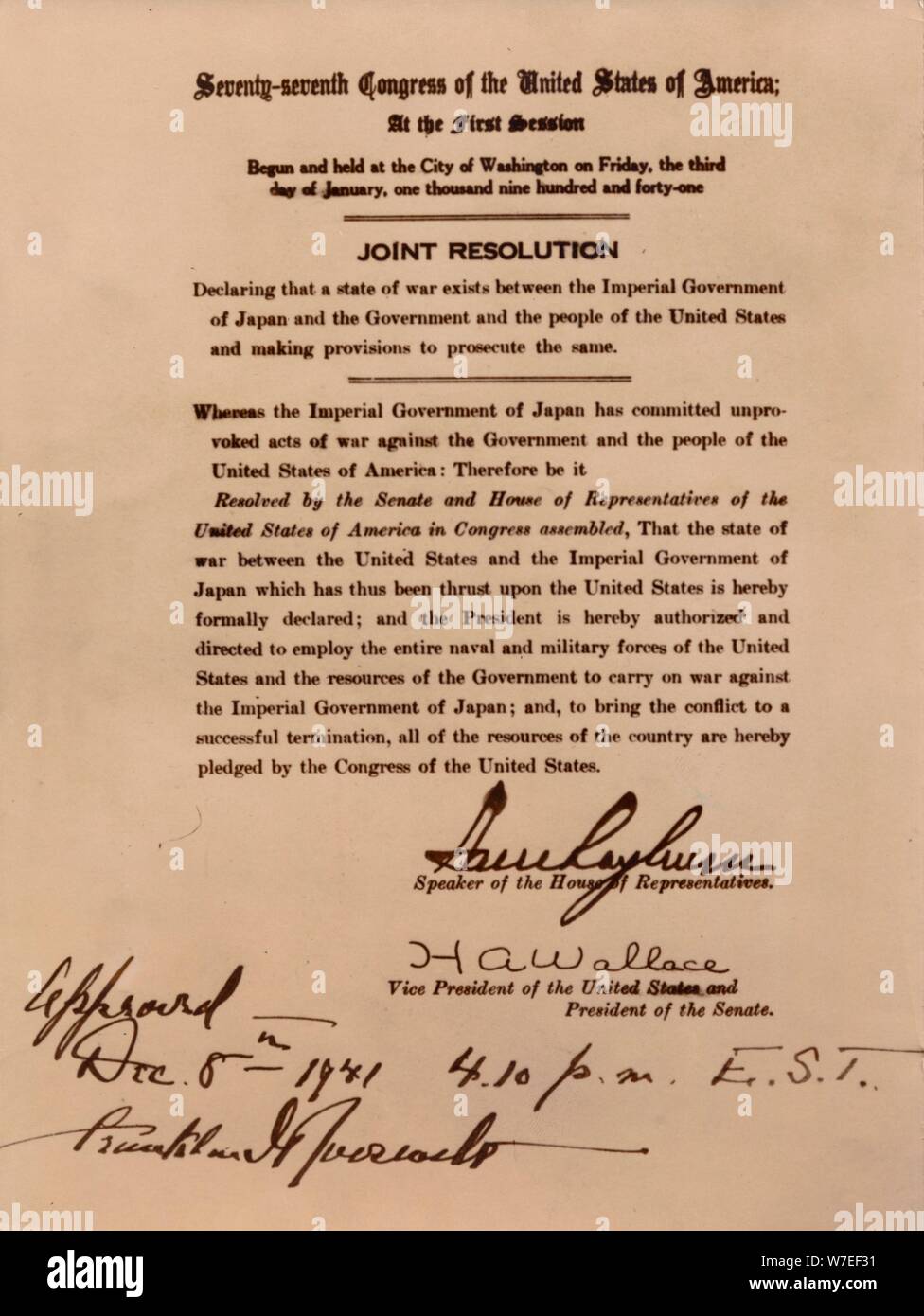 Declaration of war by the United States against Japan, 8 December 1941. Artist: Unknown Stock Photo