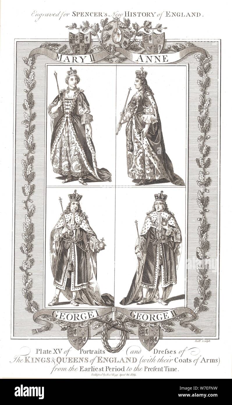 English Kings and Queens with coats of Arms, 1780-1800 Artist: Unknown Stock Photo