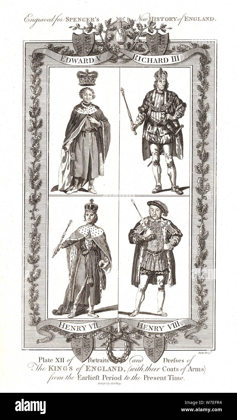 English Kings with coats of Arms Published by Alexander Hogg. Artist: Alex Hogg Stock Photo