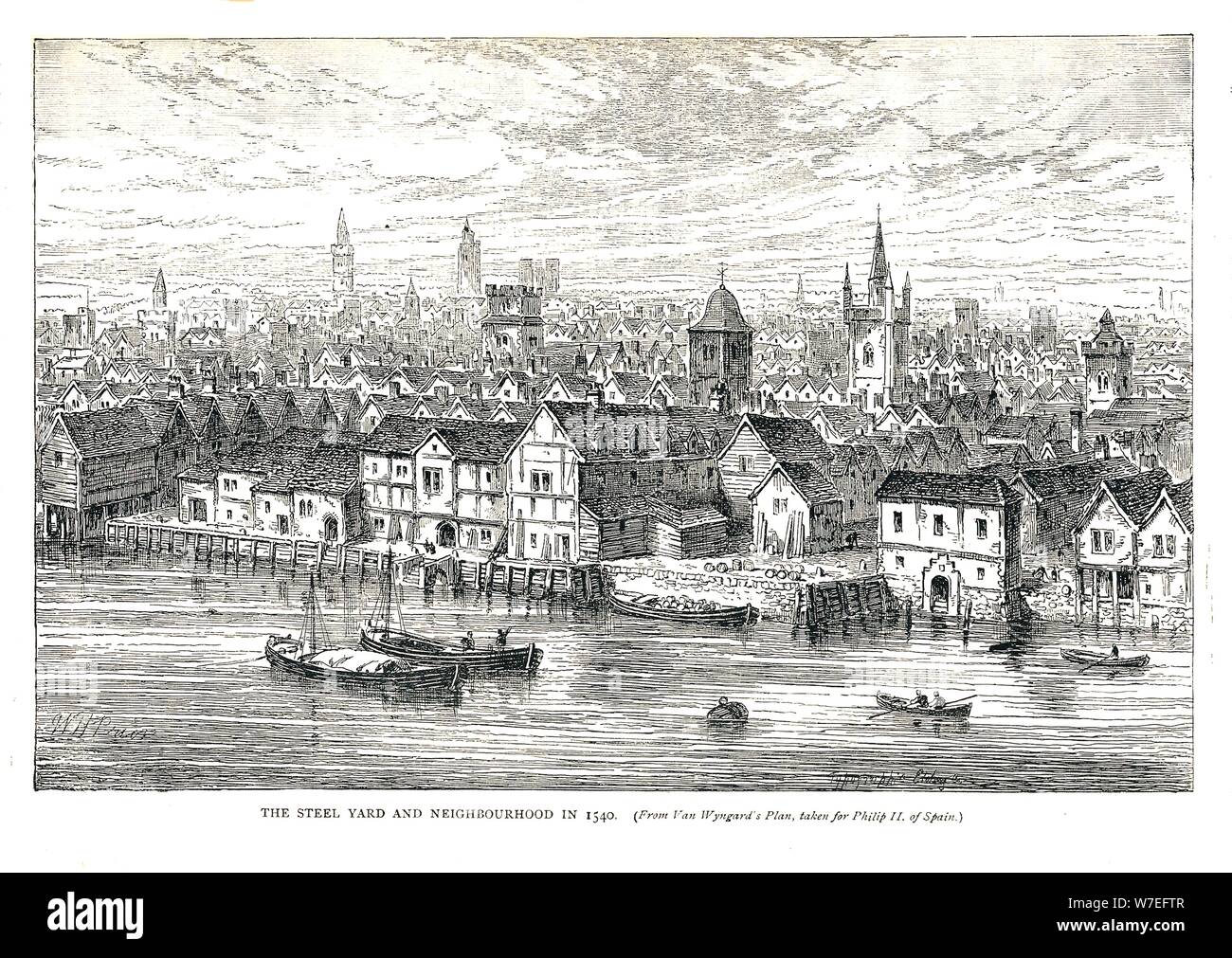 The Steel Yard (Iron Wharf) and Neighbourhood in 1540. On the riverside, 1878 Artist: Walter Thornbury Stock Photo