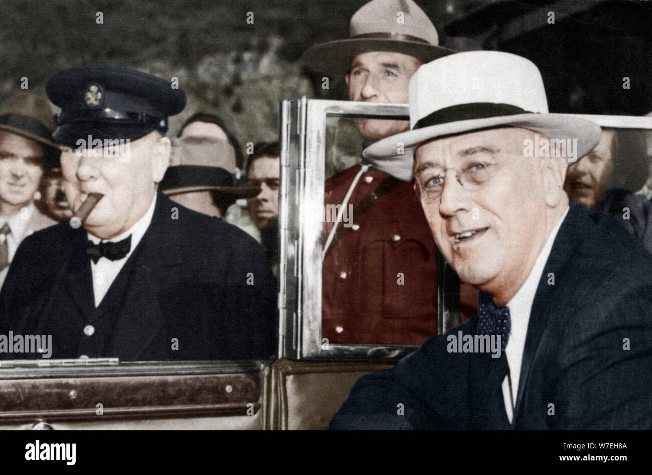 Franklin D Roosevelt and Winston Churchill meeting in Quebec, Canada, 1944. Artist: Unknown Stock Photo