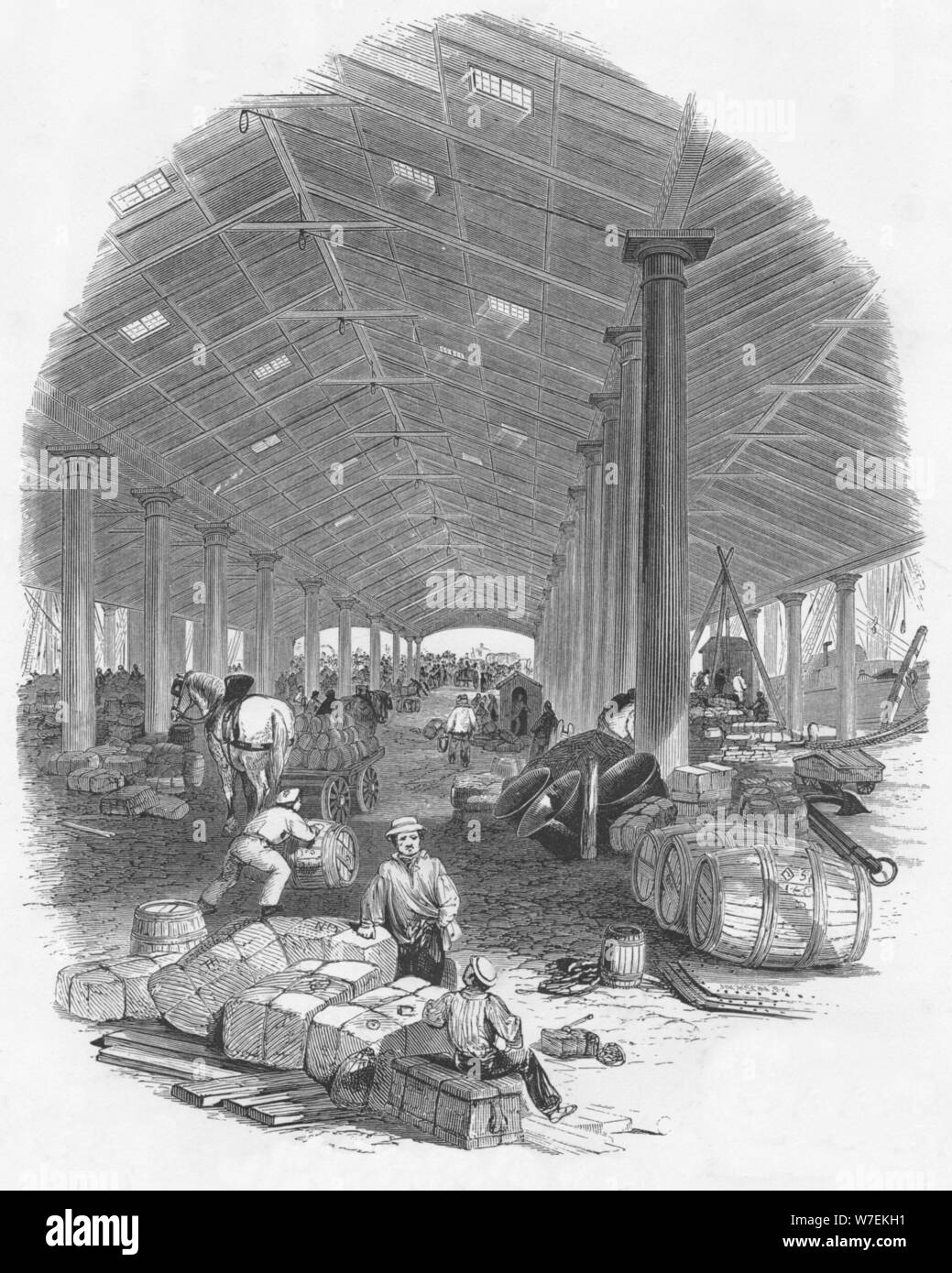 'Wharf Shed of the Trafalgar Dock', Liverpool, England, 1847. Artist: Mason Jackson. Stock Photo