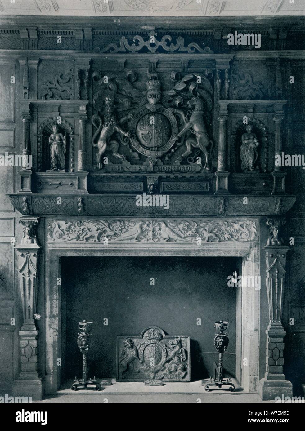 'Chimneypiece with Arms of James I, circa 1606: from the Old Palace, Bromley-By-Bow', 1945. Artist: Unknown. Stock Photo