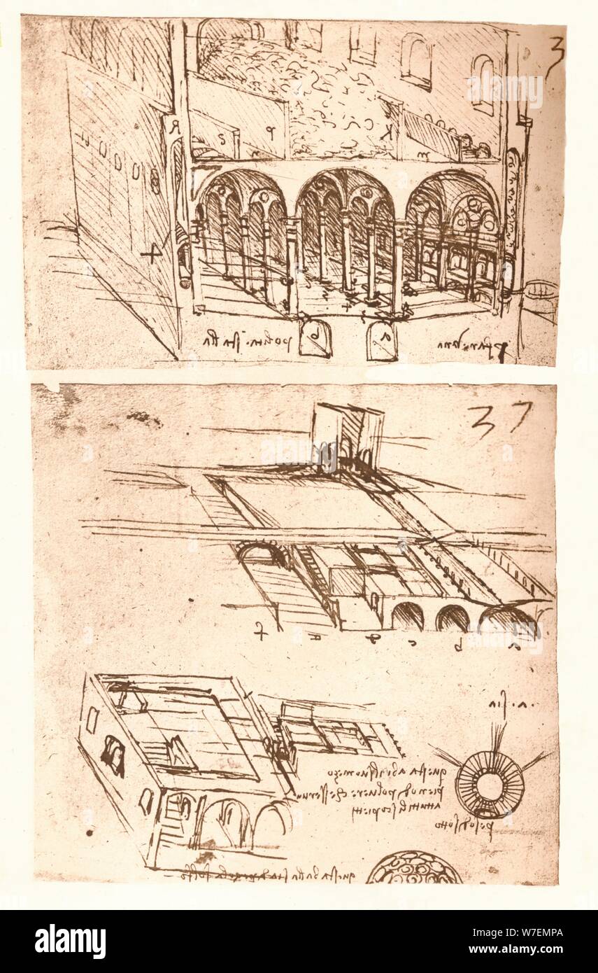 Two architectural drawings, c1472-c1519 (1883). Artist: Leonardo da Vinci. Stock Photo