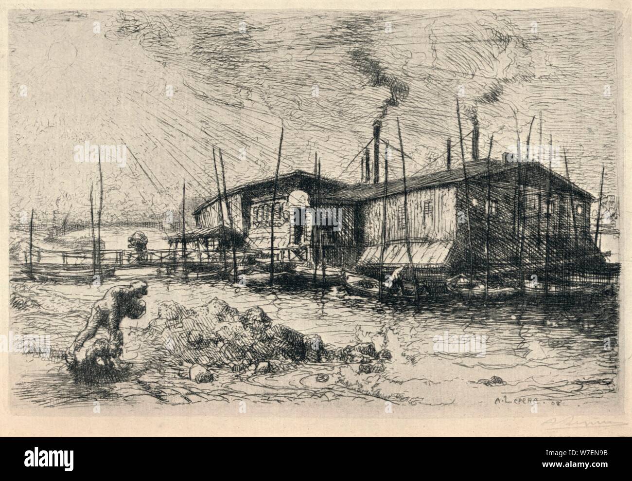 'Old Washing-boats at Grenelle', 1915. Artist: Auguste Lepere. Stock Photo