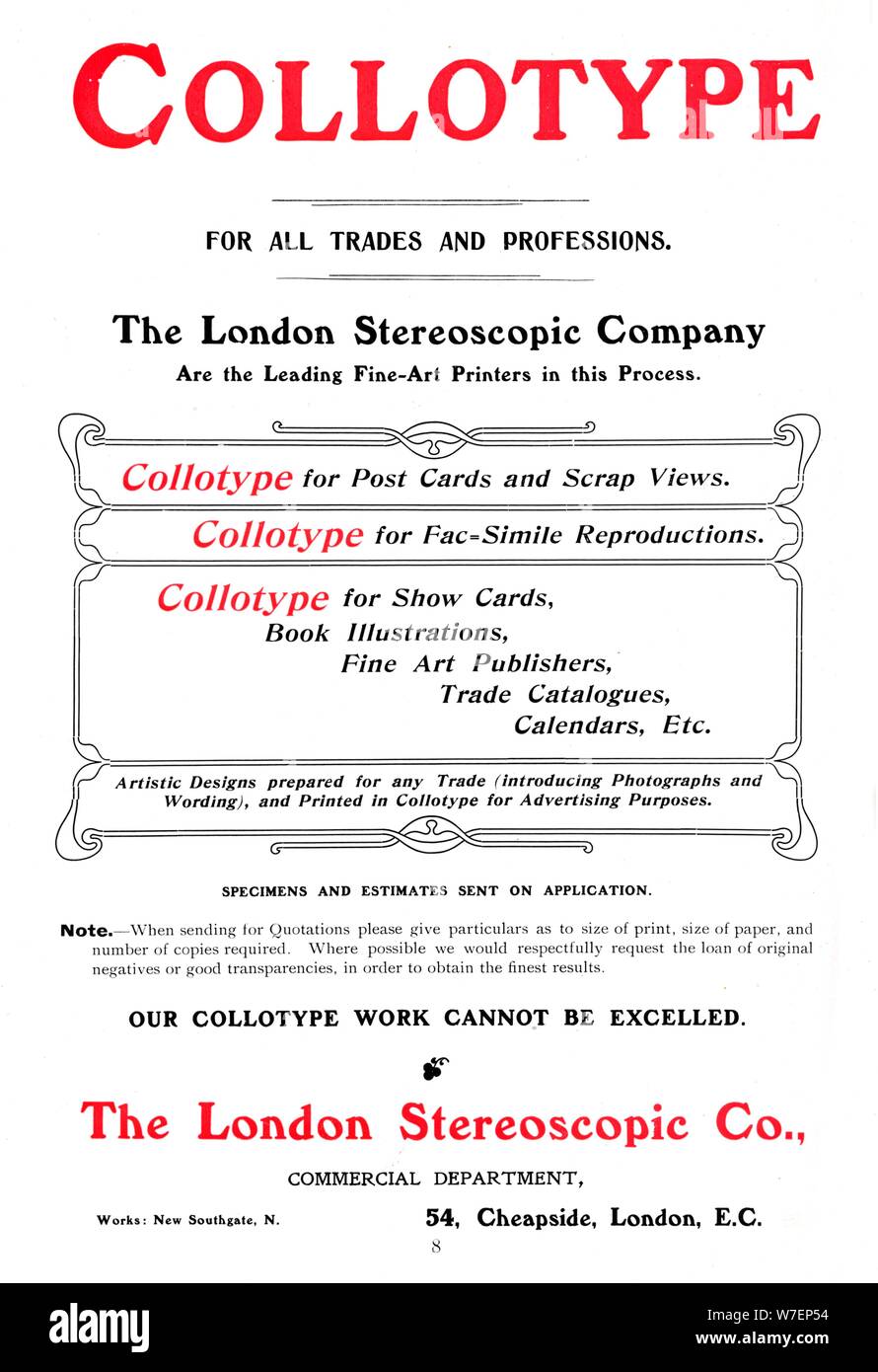 An advert for the Collotype process offered by The  London Stereoscopic Company, 1903. Artist: Unknown. Stock Photo