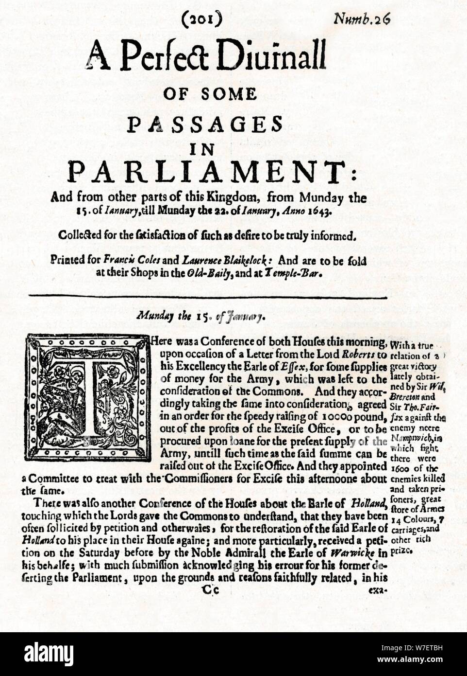 Front page of A Perfect Diurnall of Some Passages in Parliament, 1643 (1905). Artist: Unknown. Stock Photo