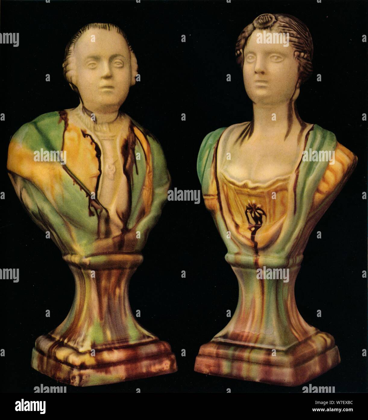 'A Pair of Staffordshire Earthenware Busts Representing King George III and Queen Charlotte, with Tr Artist: Unknown. Stock Photo