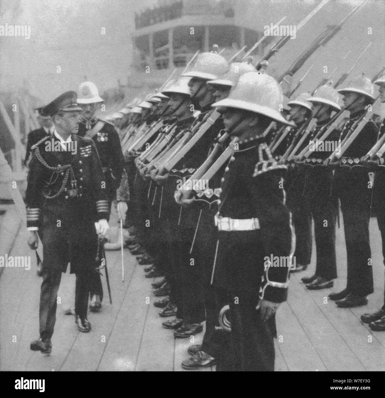 The Prince of Wales inspecting marines at Portsmouth, Hampshire, 1921 (1936). Artist: Unknown. Stock Photo