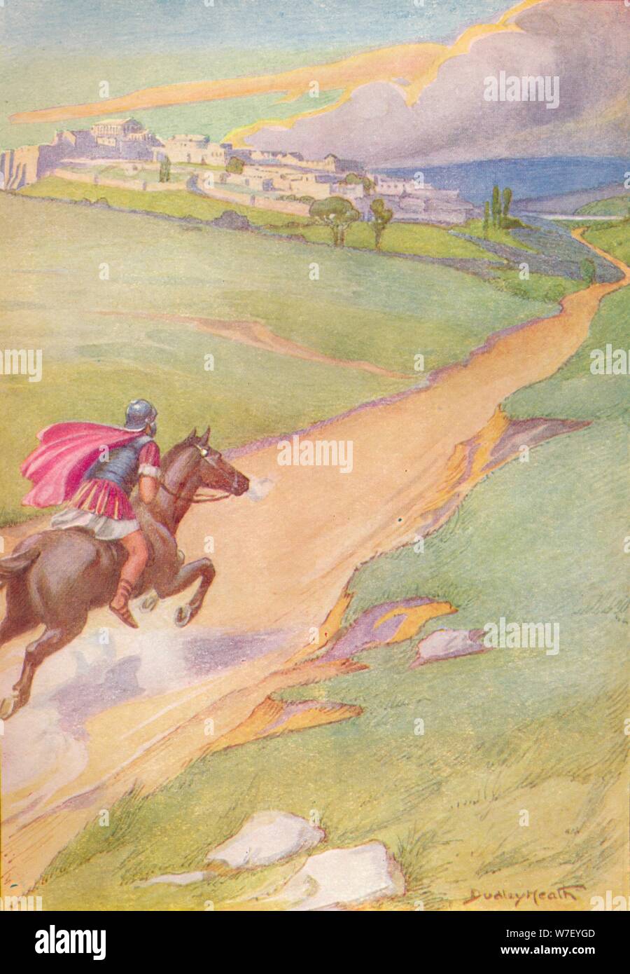 'A messenger was seen spurring his horse toward the city', c1912 (1912). Artist: Ernest Dudley Heath. Stock Photo