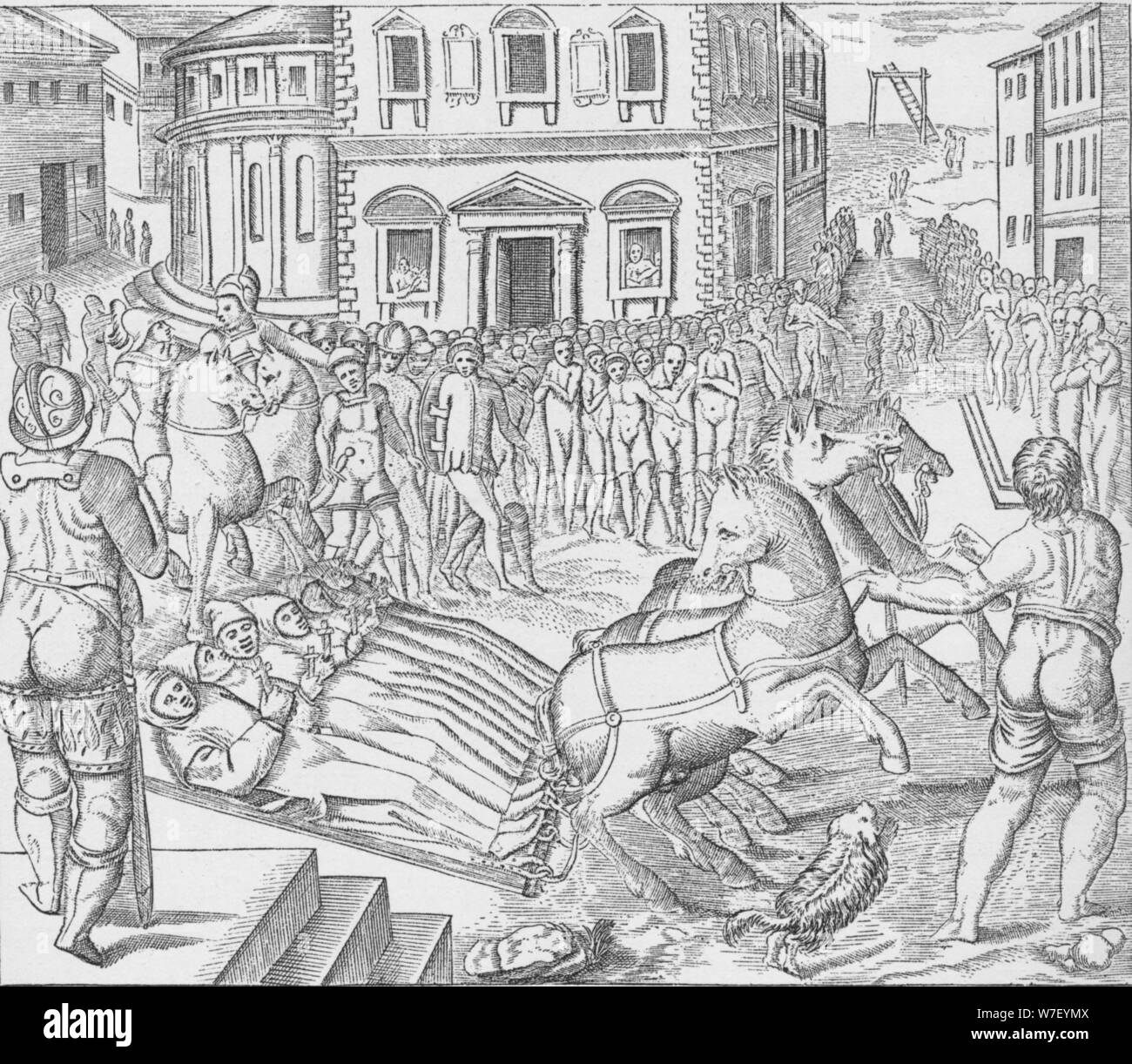 Execution of three Carthusian martyrs, Tyburn, London, 1535 (1904). Artist: Nicolas Beatrizet. Stock Photo