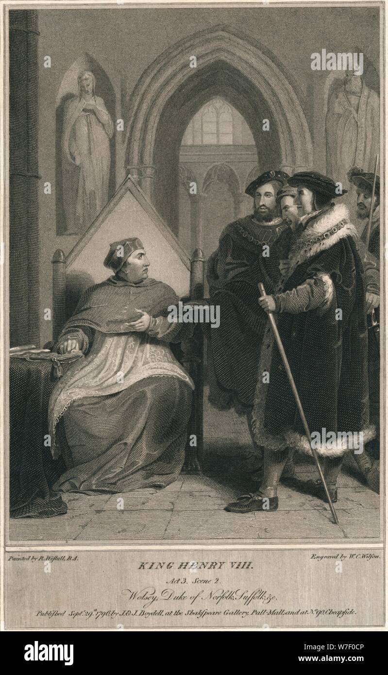 'King Henry VIII. Act 3. Scene 2. Wolsey, Duke of Norfolk, Suffolk & c', 1796. Artist WC Wilson 'King Henry VIII. Act 3. Scene 2. Wolsey, Duke of Norfolk, Suffolk & c', 1796. Artist WC Wilson