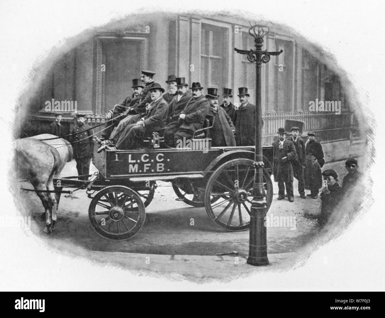 London County Council Fire Brigade Committee starting on an inspection, c1903 (1903). Artist: Unknown. Stock Photo