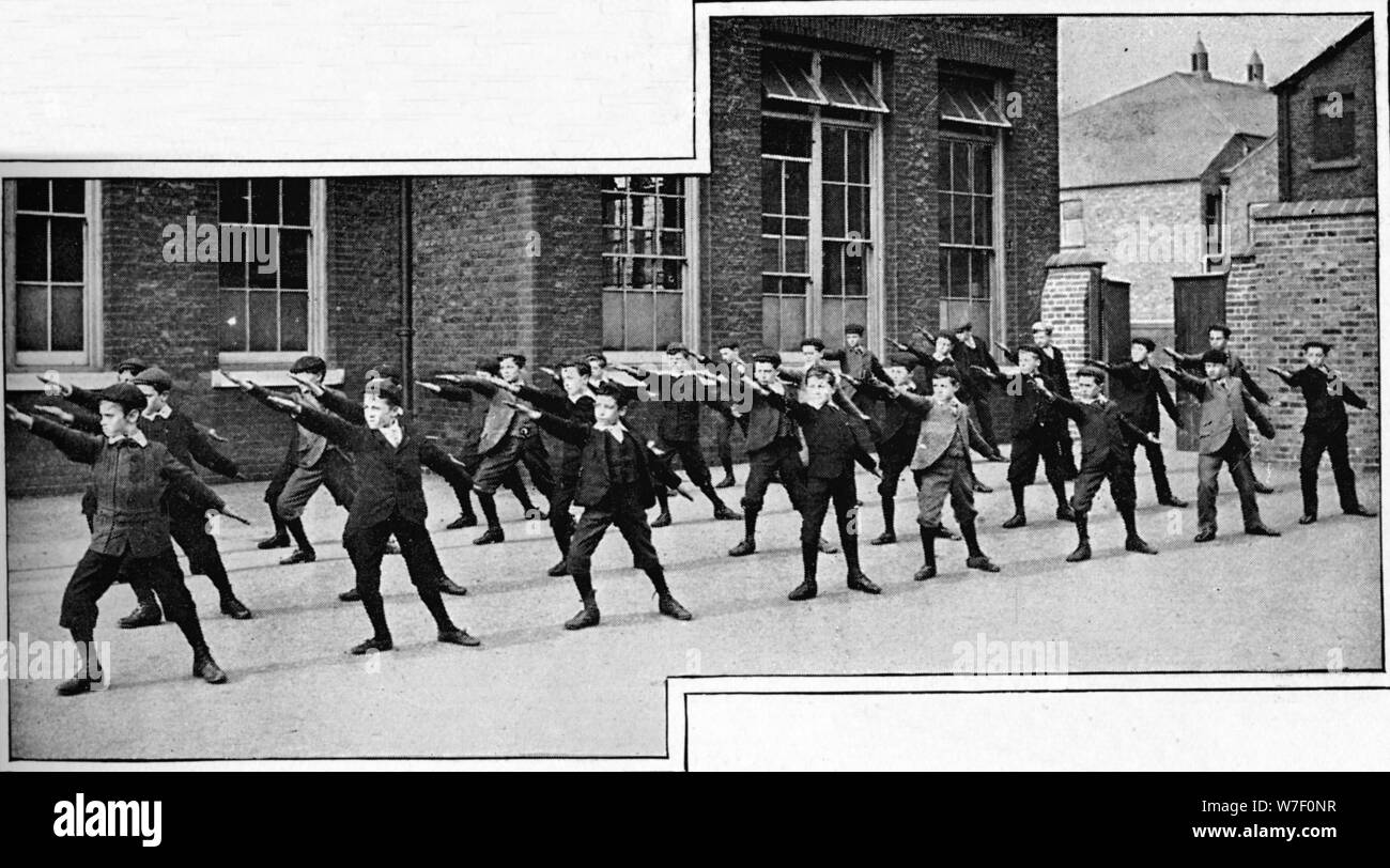 Physical drill at a London school, c1900 (1901). Artist: Unknown. Stock Photo