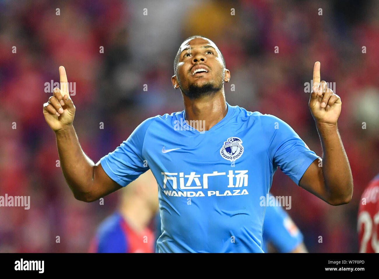 Venezuelan football player Salomon Rondon of Dalian Yifang celebrates after  scoring against Chongqing SWM in their 21st round match during the 2019  Chinese Football Association Super League (CSL) in Chongqing, China, 2