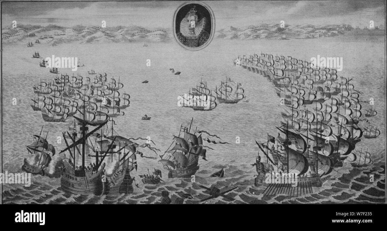 'Defeat of the Spanish Armada', 1745. Artist: Benjamin Cole. Stock Photo