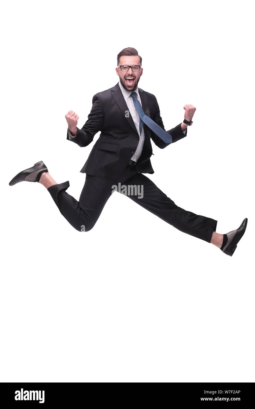 in full growth. happy dancing young businessman Stock Photo