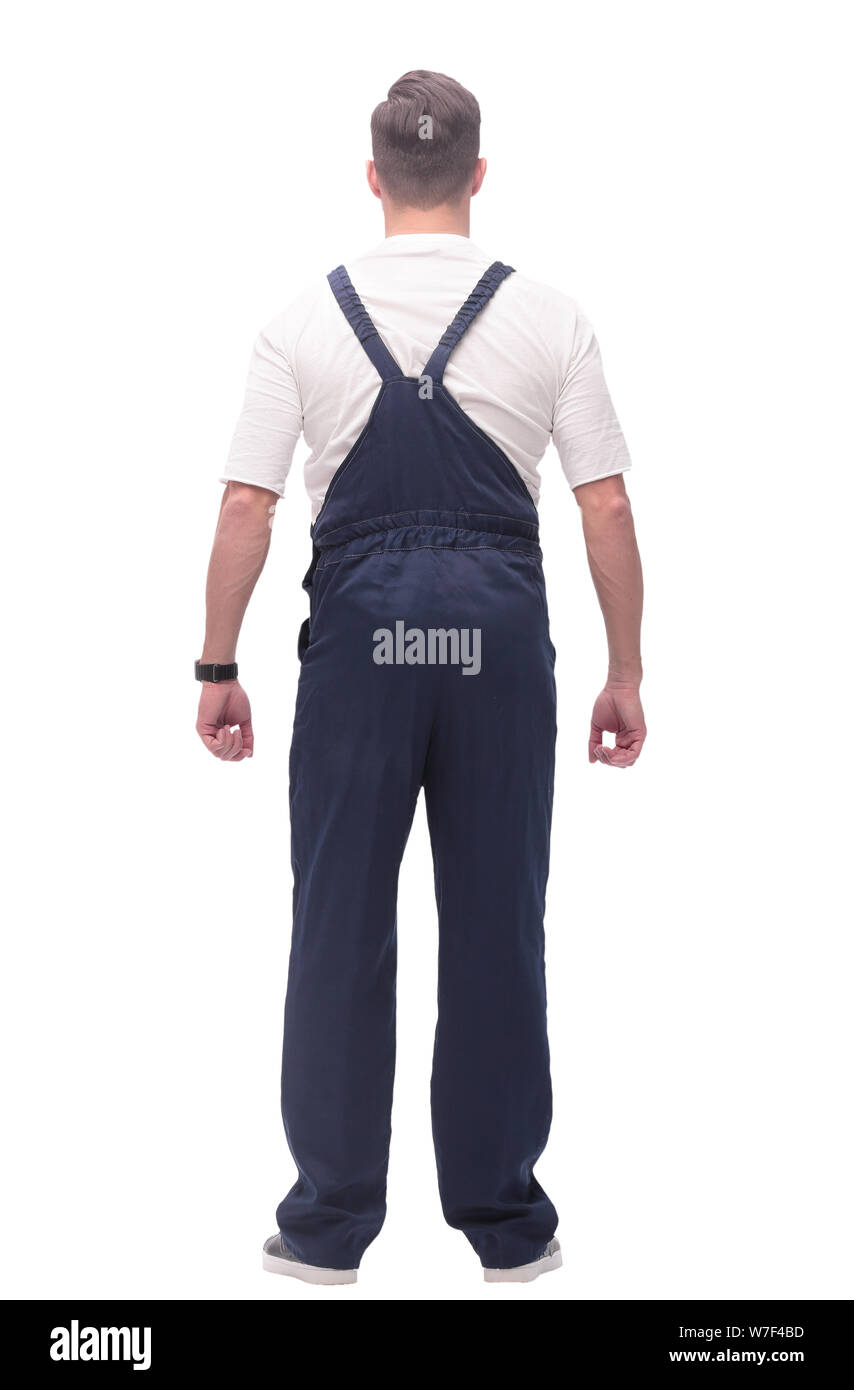 rear view. young man in overalls looking forward Stock Photo - Alamy