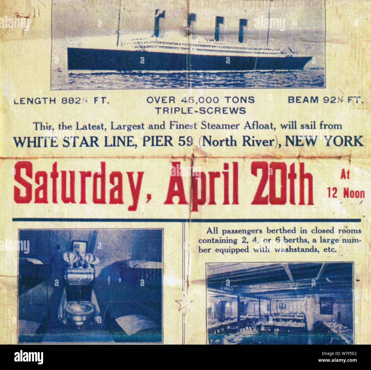 White Star Line poster to promote the Titanic's return trip from New York, 1912. Artist: Unknown. Stock Photo