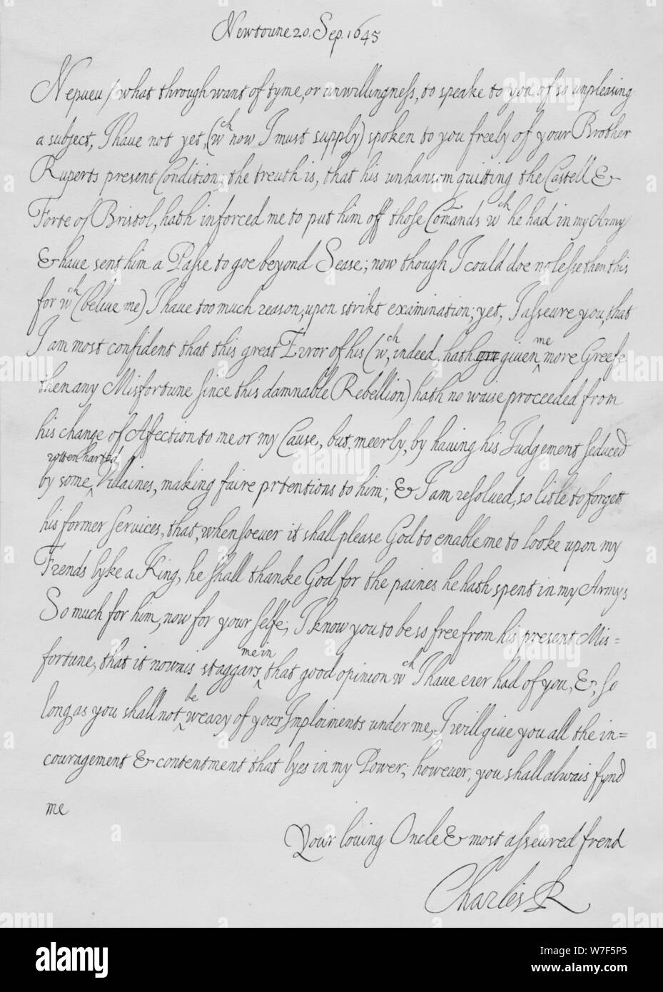 A letter from Charles I to his nephew Prince Maurice of the Palatinate dated September 1645. Artist: King Charles I. Stock Photo