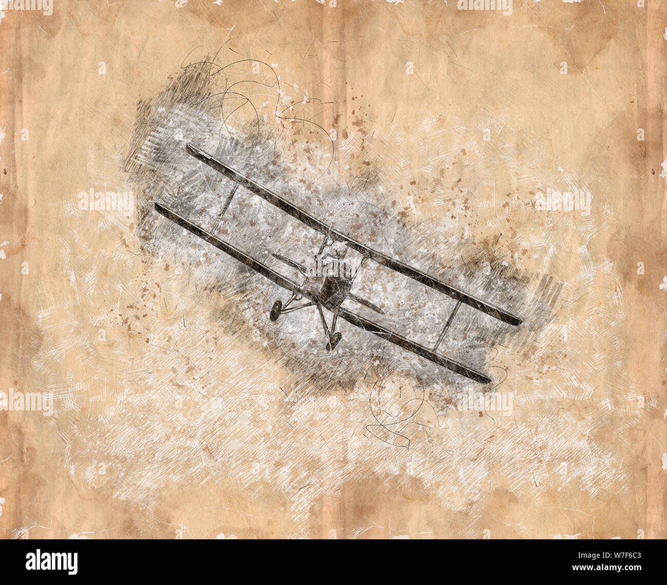 Digitally enhanced image of a biplane in flight Stock Photo
