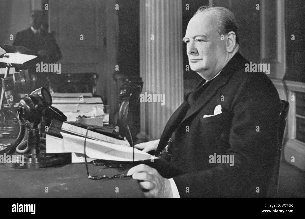 'Mr. Churchill's V.E. Day Broadcast', 1945 (1955). Artist: Unknown. Stock Photo